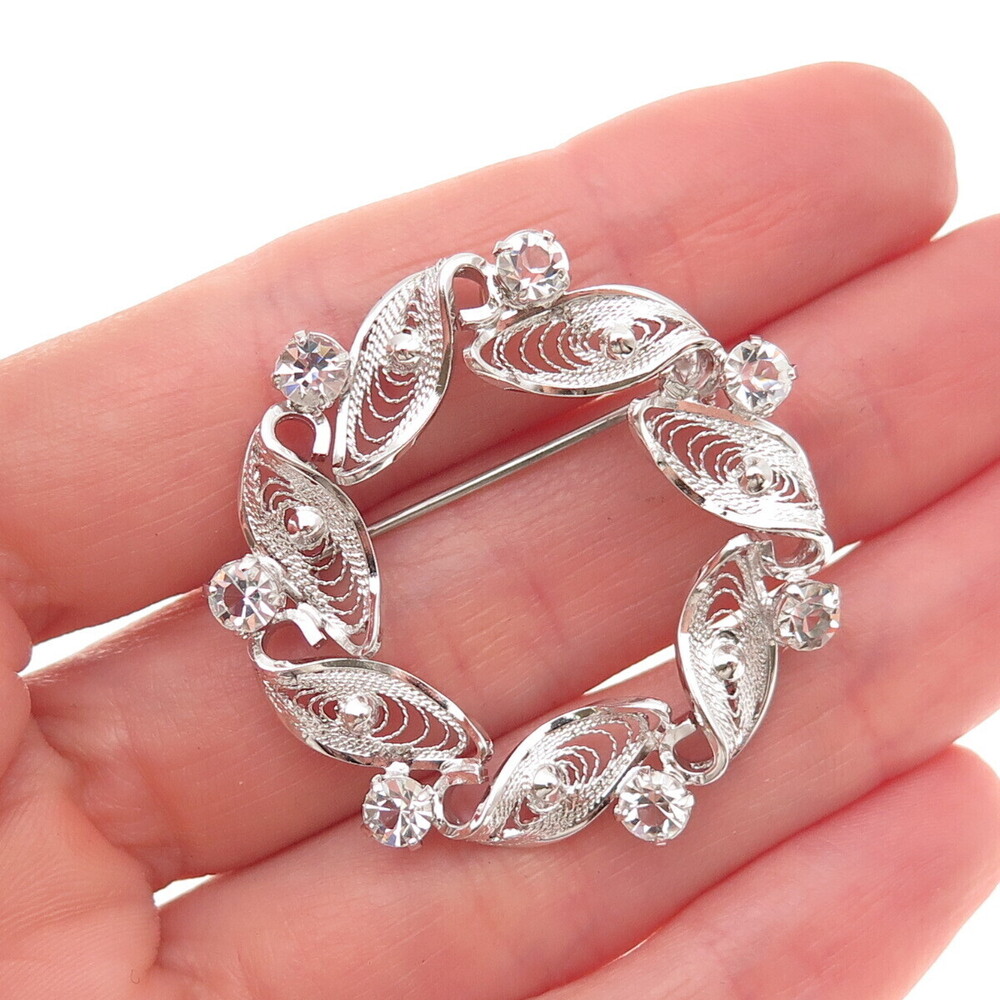 Am Lee 925 Sterling Silver Vintage Rhinestone Filigree Floral Pin Brooch